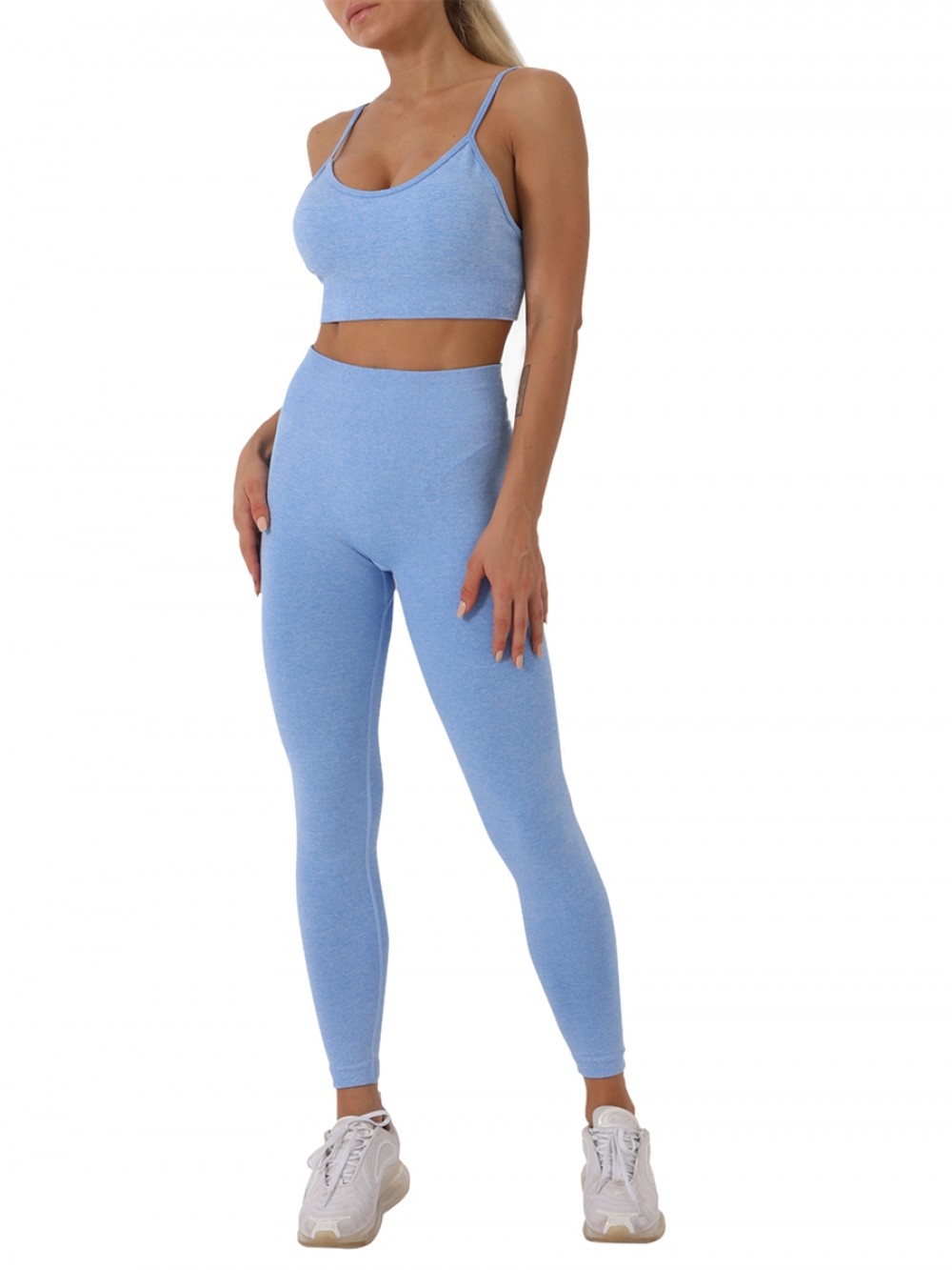 Blue Spaghetti Straps Sports Bra Suit Seamless Exercise Outfit