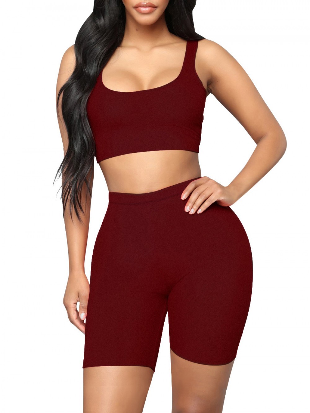 Upgrade Wine Red Crop Suit Sleeves Solid Color Running Outfits