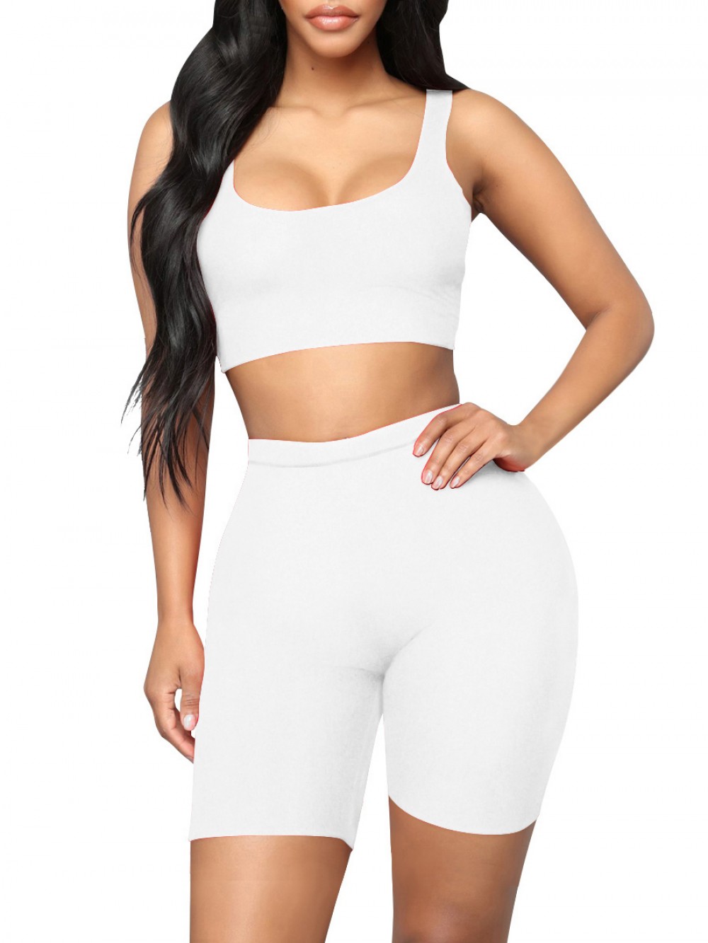 Upgrade White Cropped Sports Shorts Suit High Waist Soft-Touch