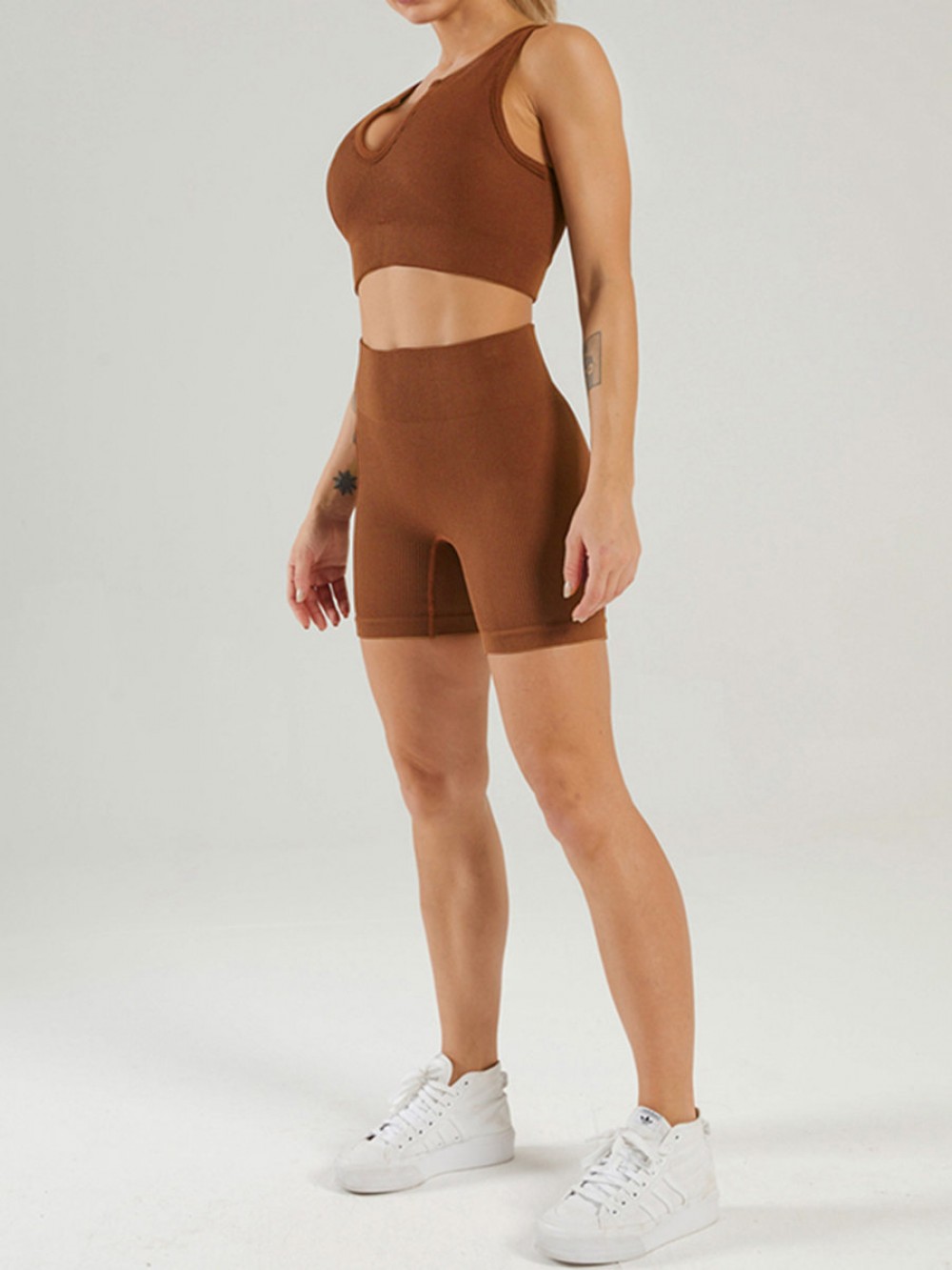 Dark Brown Low Neck Sports Bra And Seamless Shorts Set Stretchy