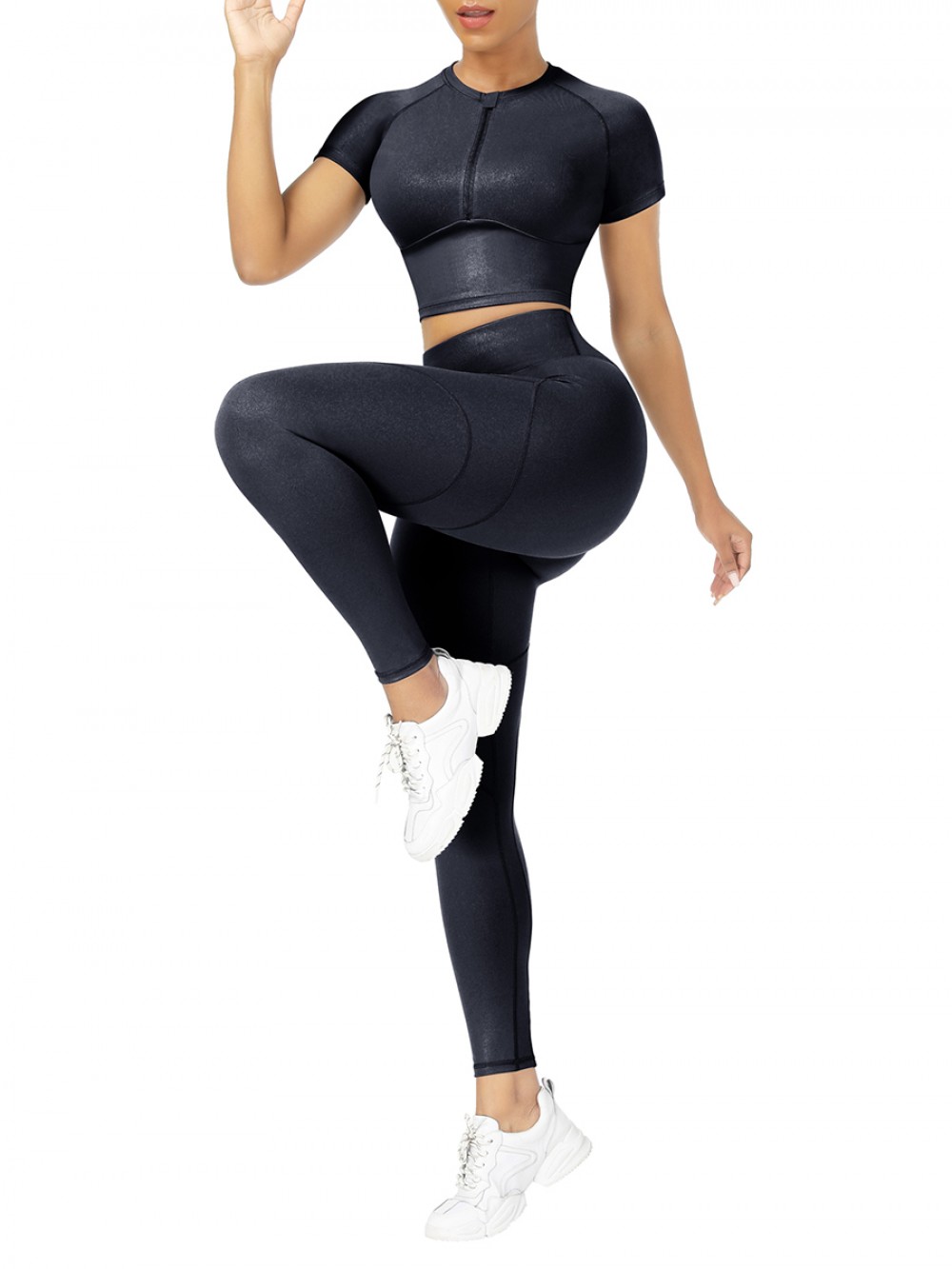 Black Short Sleeves High Waist Yoga Suits For Fitness