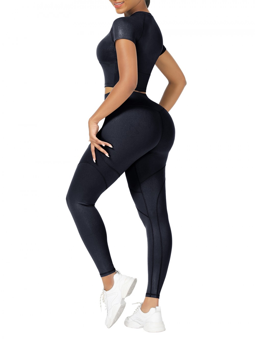 Black Short Sleeves High Waist Yoga Suits For Fitness