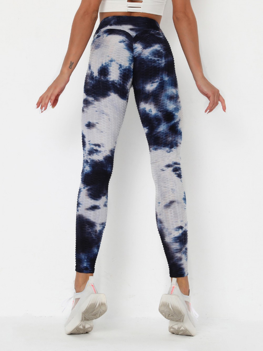 Deep Blue Tie-Dyed Womens Gym Leggings Ankle Length Slimming Fit