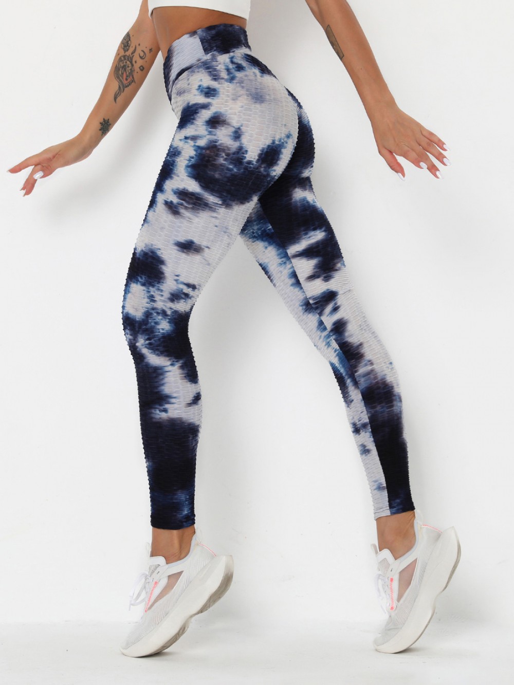 Deep Blue Tie-Dyed Womens Gym Leggings Ankle Length Slimming Fit