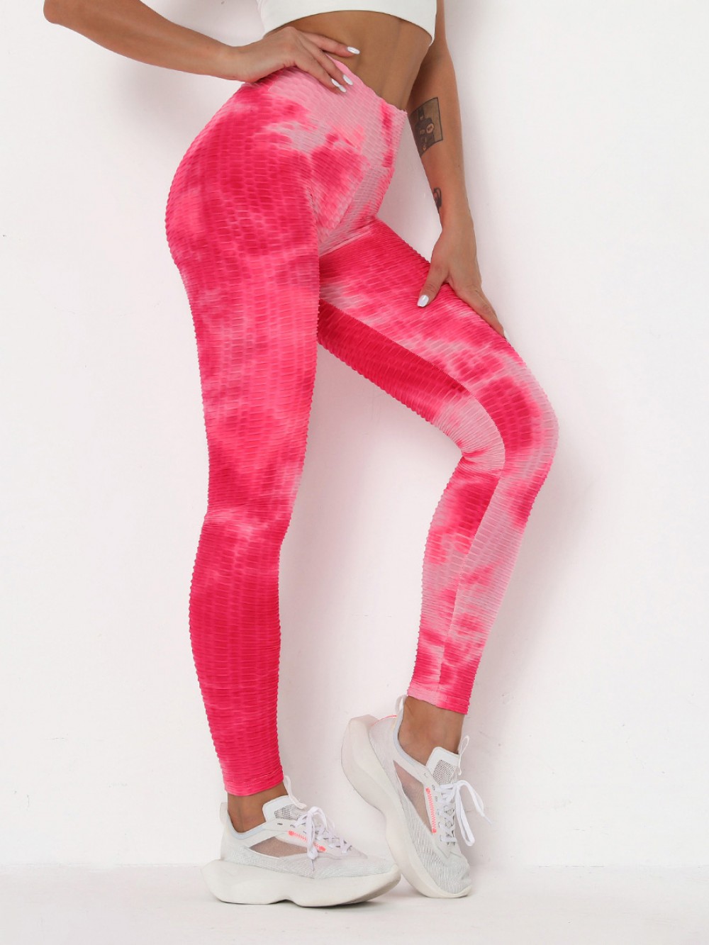 Pink Tummy Control Tie-Dye Running Pants For Girl Runner