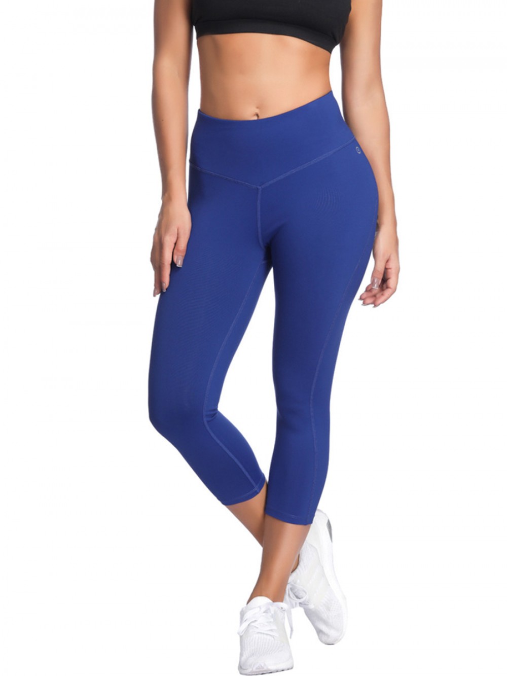 Blue Calf Length Yoga Leggings High Waisrt Elastic