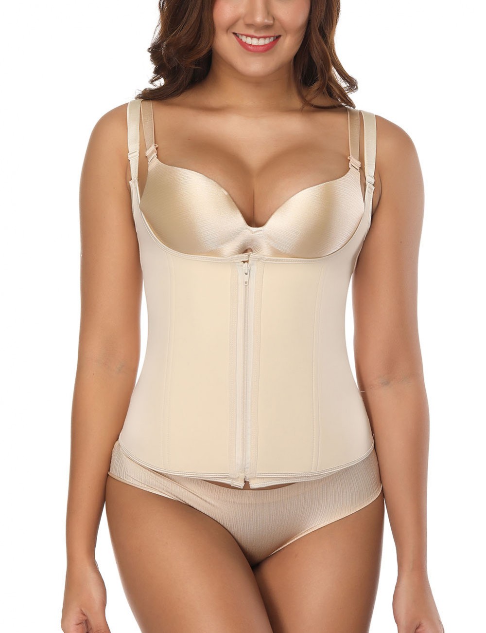 Nude Solid Nude 6 Steel Bones Hook Eye Zipper Closure Waist Cincher