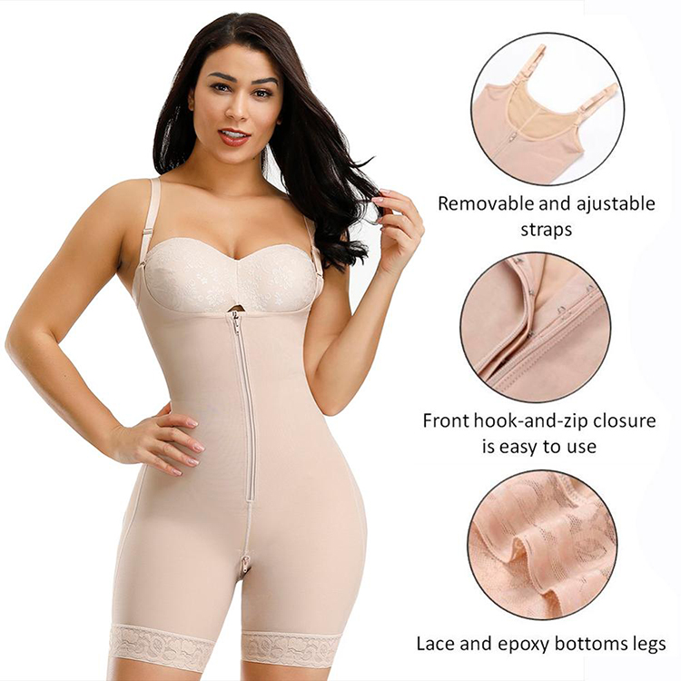 Fajas Wholesale Skin Color Full Body Shaper Lace Trim Front Zipper