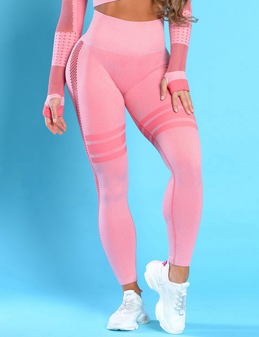 Exquisite Light Pink Yoga Leggings Stripe Ankle Length Mesh Comfort