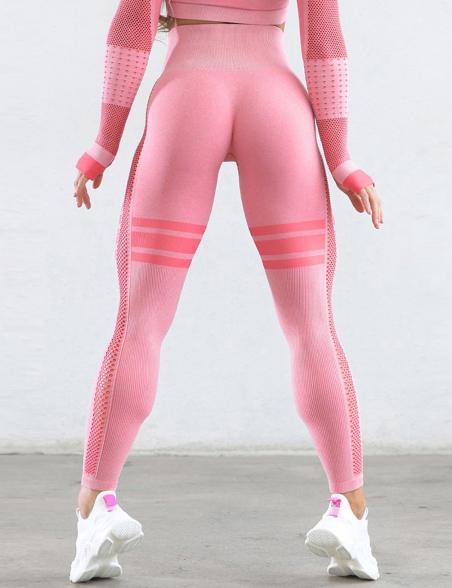 Exquisite Light Pink Yoga Leggings Stripe Ankle Length Mesh Comfort