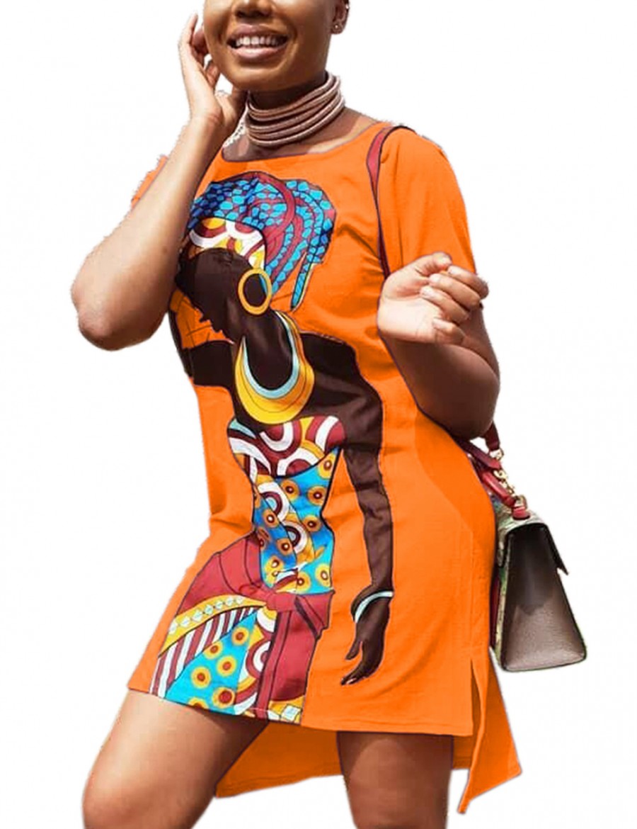 Holiday Orange Short Sleeves African Printed Mini Dress