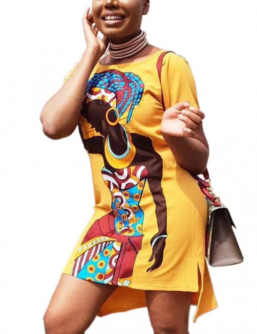 Spectacular Irregular Hem Yellow Slit Mini Dress Short Sleeve