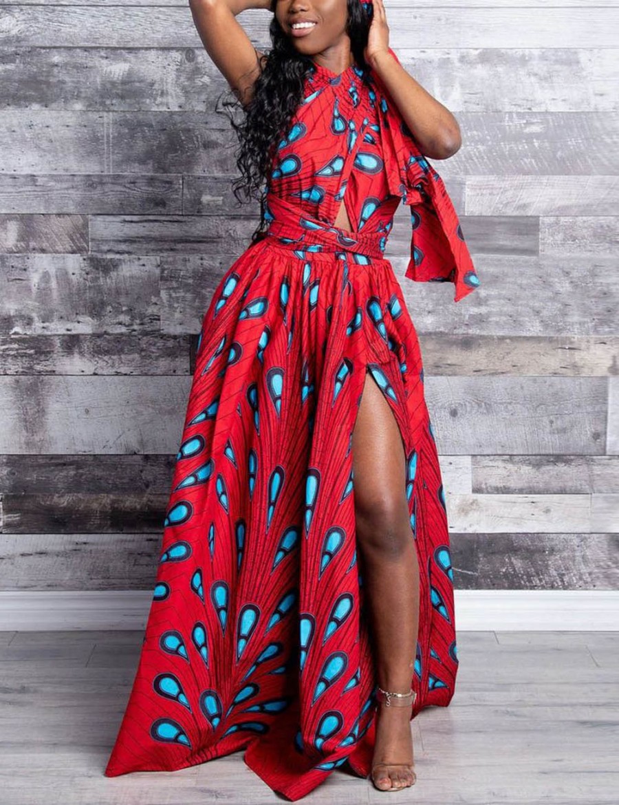 Dazzling Backless Red Waist Front Slit Print Maxi Dress Newest