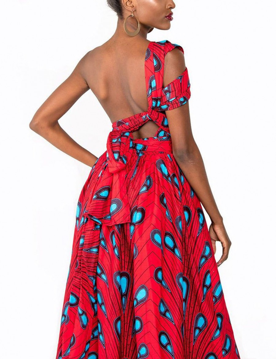 Dazzling Backless Red Waist Front Slit Print Maxi Dress Newest