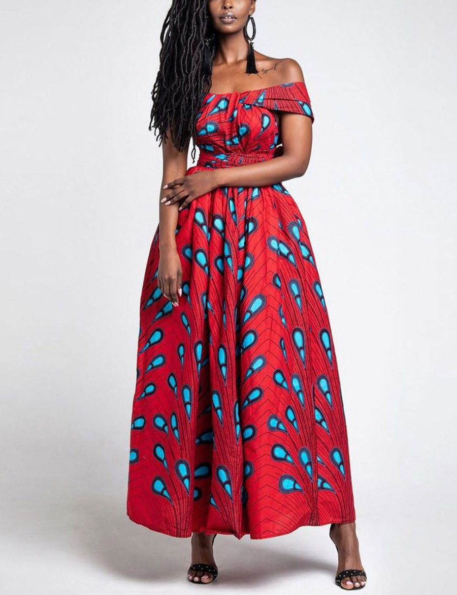 Dazzling Backless Red Waist Front Slit Print Maxi Dress Newest