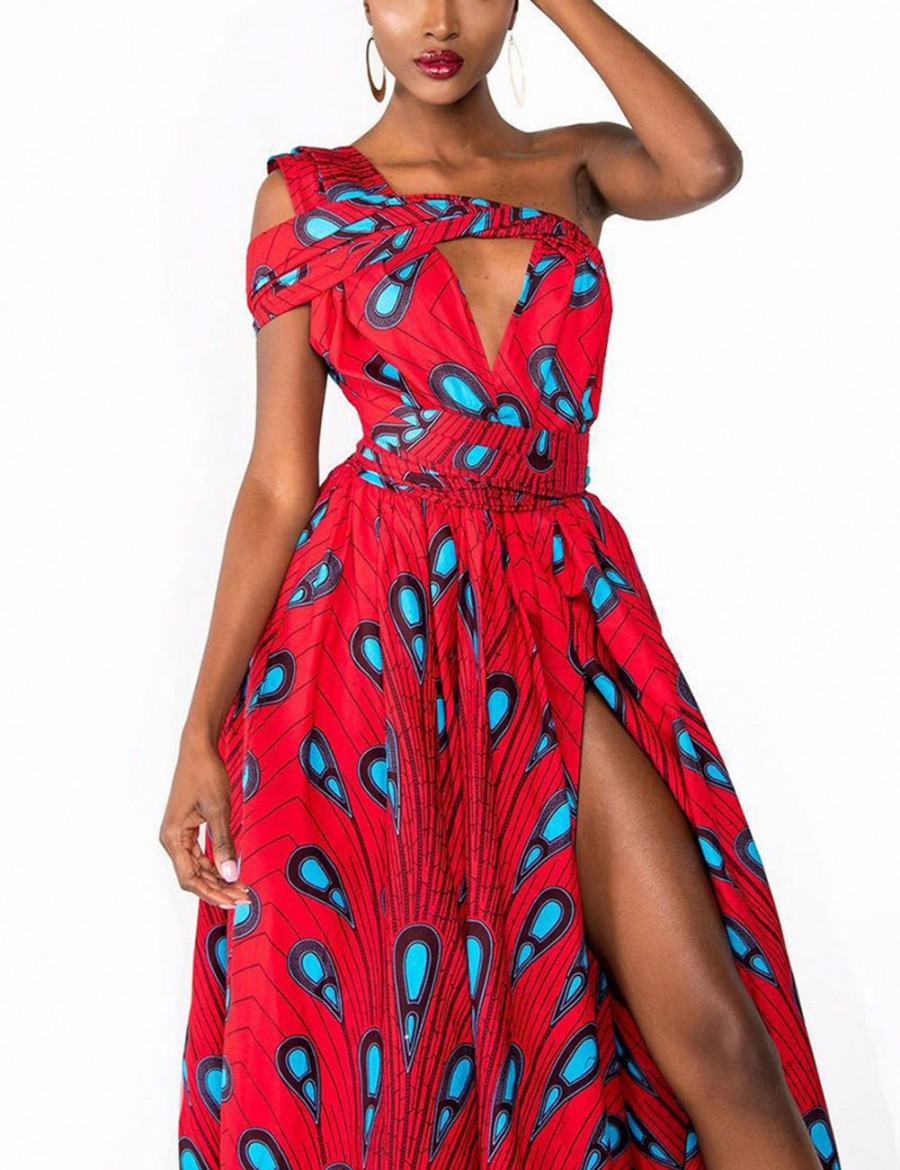 Dazzling Backless Red Waist Front Slit Print Maxi Dress Newest