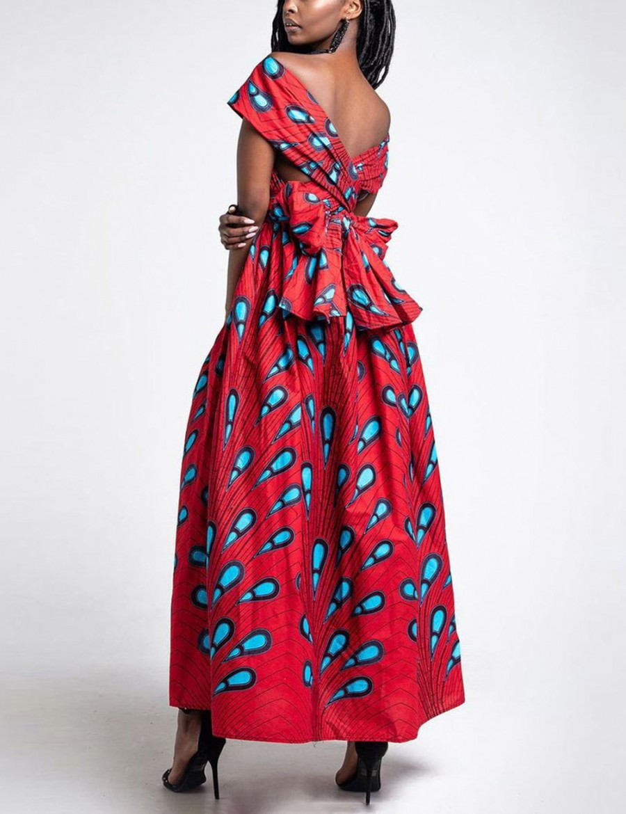 Dazzling Backless Red Waist Front Slit Print Maxi Dress Newest