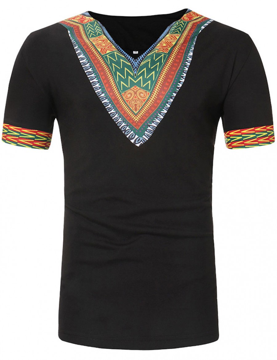 Cozy Black V Collar African Male T-Shirt Short Sleeve Women Outfits