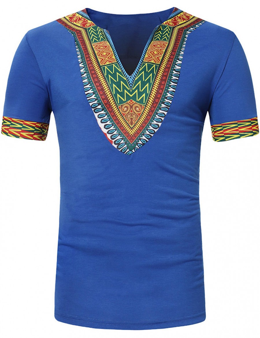 Extreme Blue V Collar African Pattern Male Top Short Sleeve Nice Quality