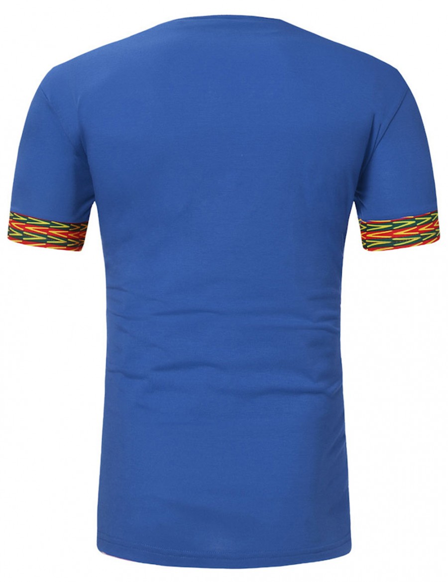 Extreme Blue V Collar African Pattern Male Top Short Sleeve Nice Quality