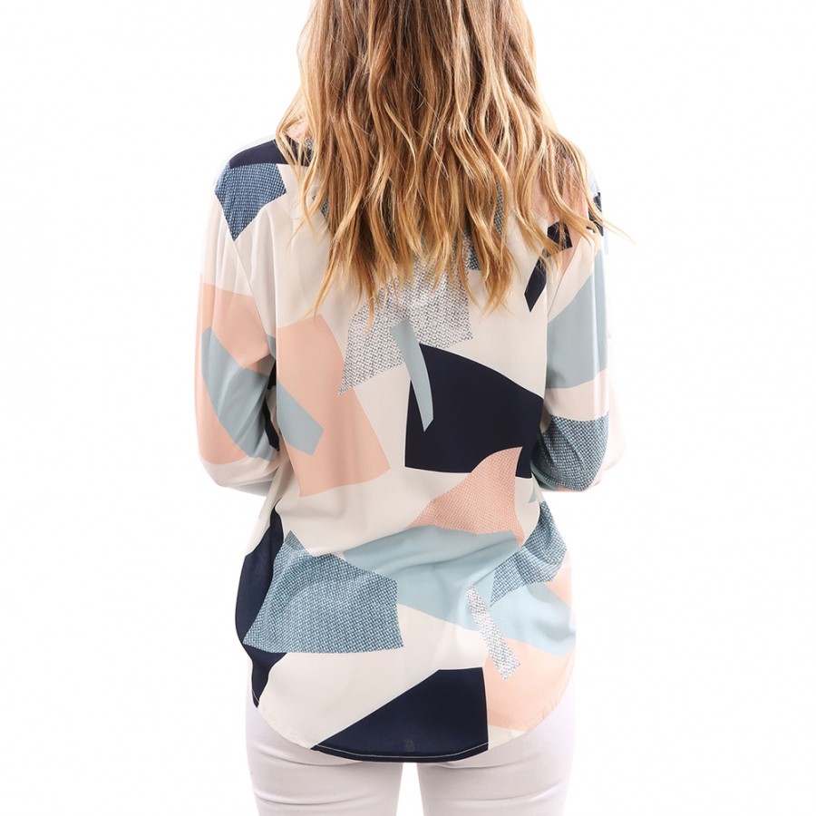 Gentle Fabric Classic V Neck Geometry Pattern Blouse Full Sleeves
