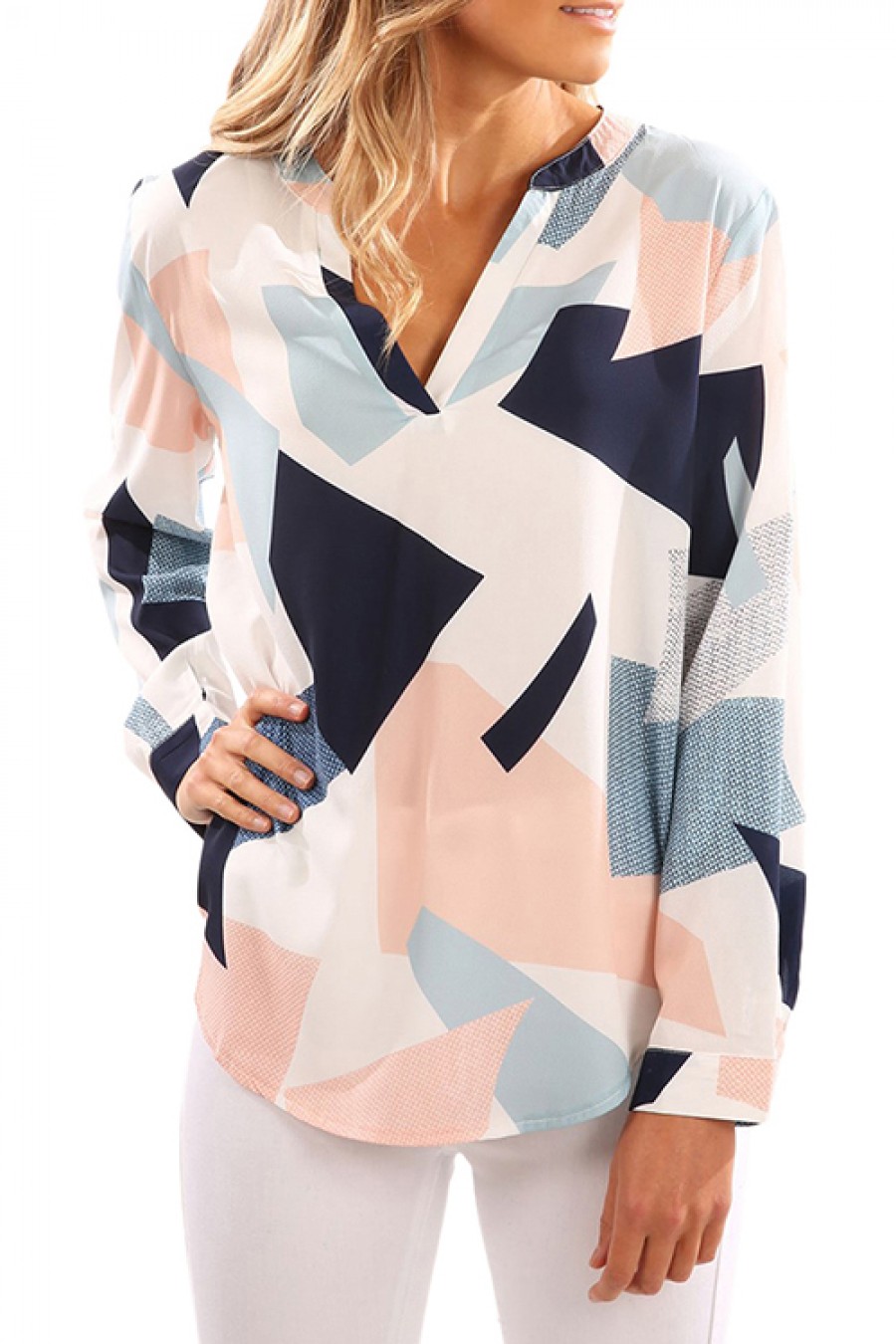 Gentle Fabric Classic V Neck Geometry Pattern Blouse Full Sleeves
