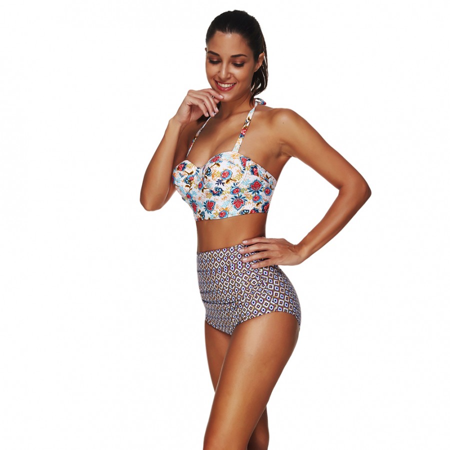 Staple Halter Printed 2 Piece High Waisted Swimsuit