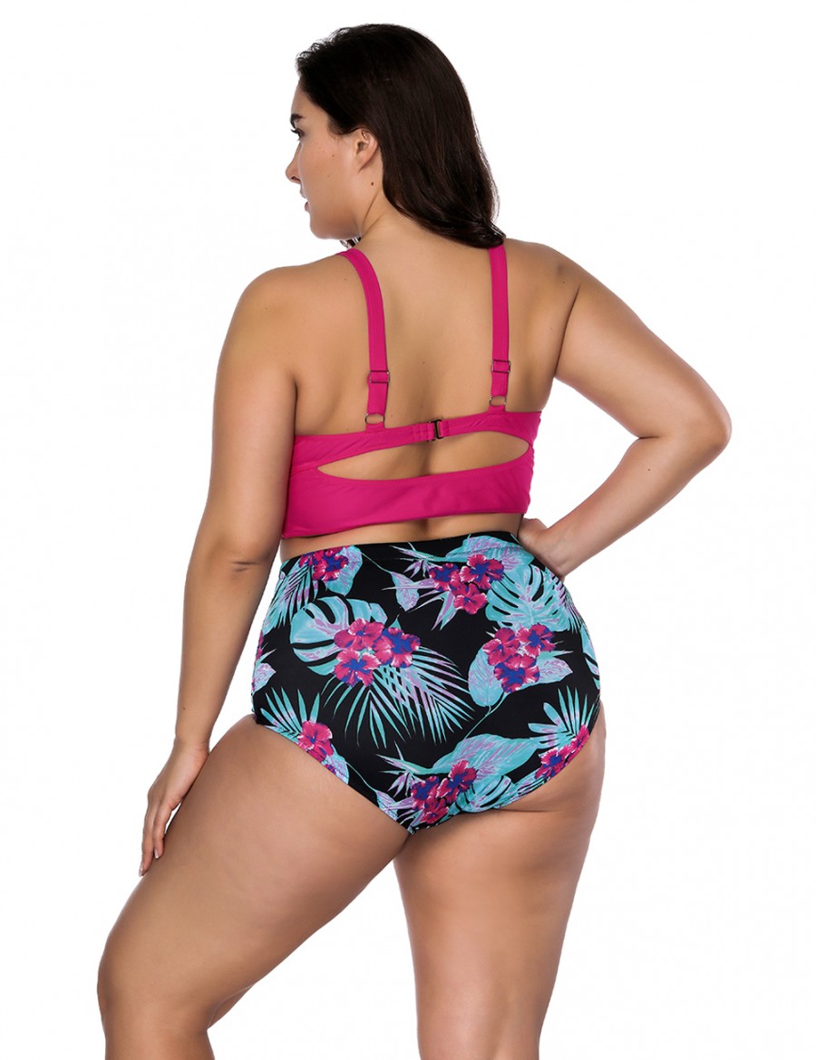 Casual Womens Swimwear Rose Red Plus Bikini Cut Out Back High Waisted