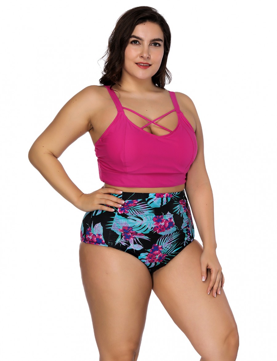 Casual Womens Swimwear Rose Red Plus Bikini Cut Out Back High Waisted