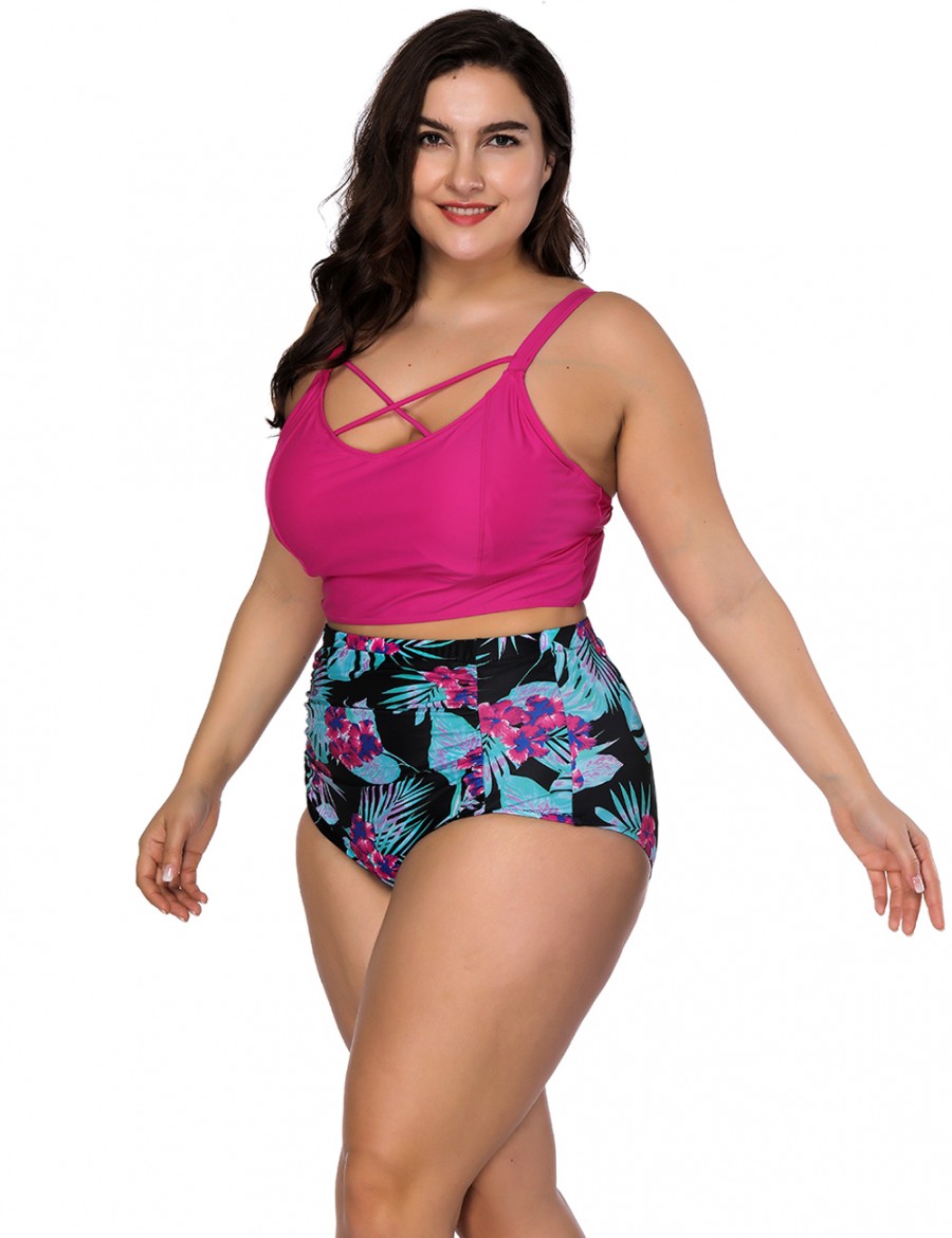 Casual Womens Swimwear Rose Red Plus Bikini Cut Out Back High Waisted