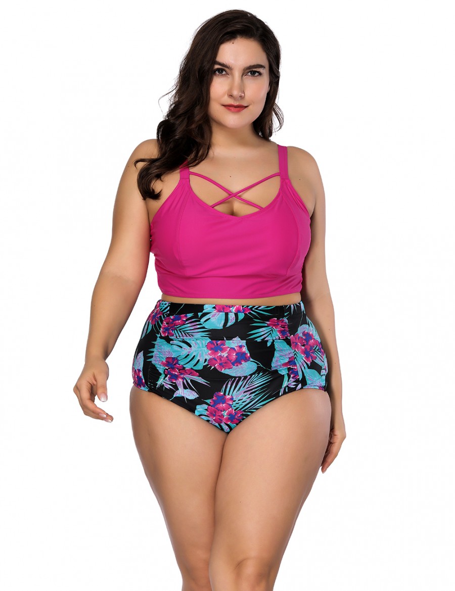 Casual Womens Swimwear Rose Red Plus Bikini Cut Out Back High Waisted