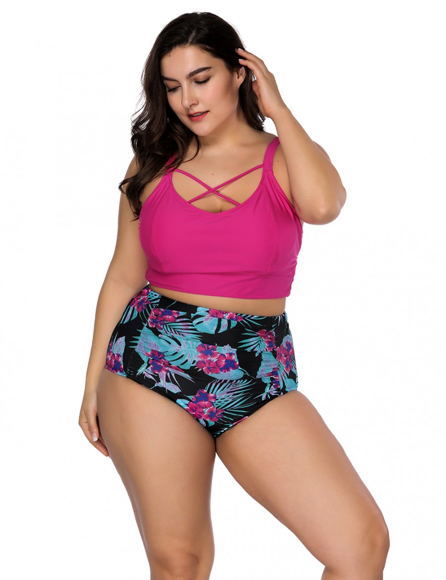 Casual Womens Swimwear Rose Red Plus Bikini Cut Out Back High Waisted