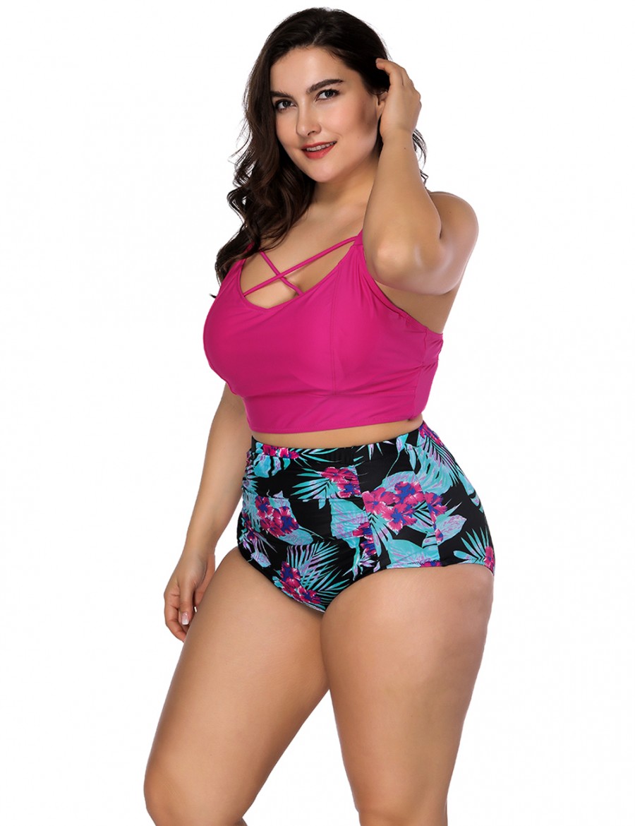 Casual Womens Swimwear Rose Red Plus Bikini Cut Out Back High Waisted
