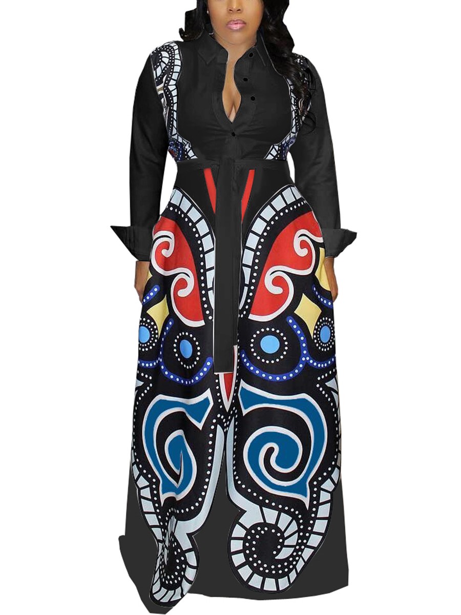 Particularly Black Large Size Butterfly Print Maxi Dress For Beauty