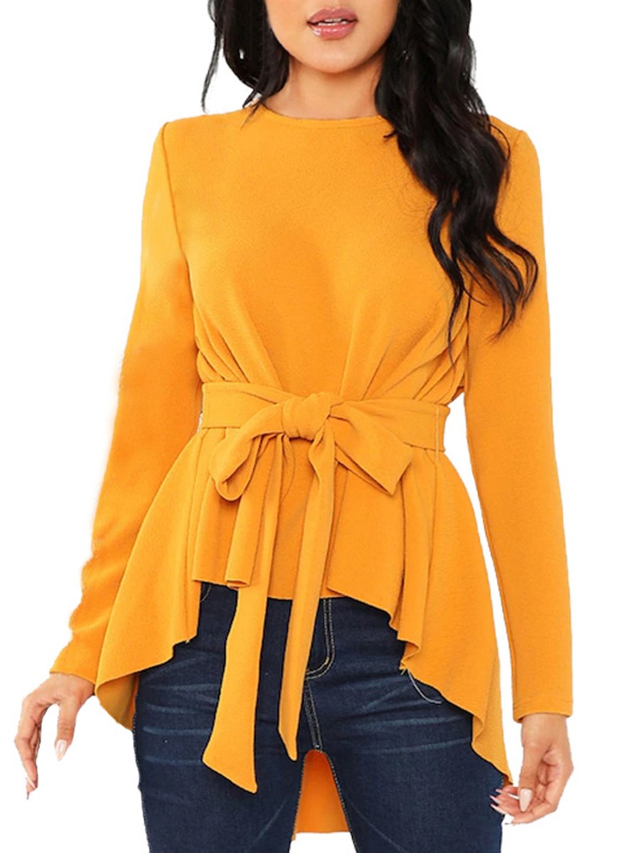 Lavish Yellow Round Neck Waist Tie Shirt Full Sleeve Womens Apparel