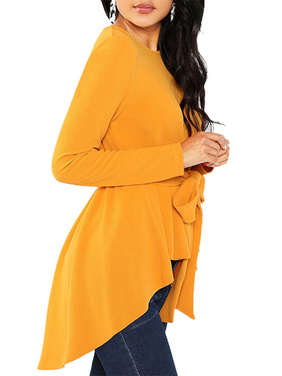 Lavish Yellow Round Neck Waist Tie Shirt Full Sleeve Womens Apparel