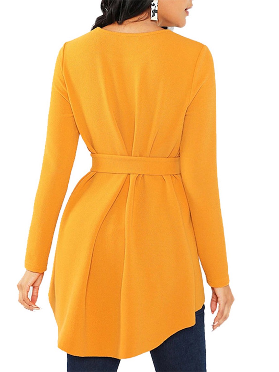 Lavish Yellow Round Neck Waist Tie Shirt Full Sleeve Womens Apparel