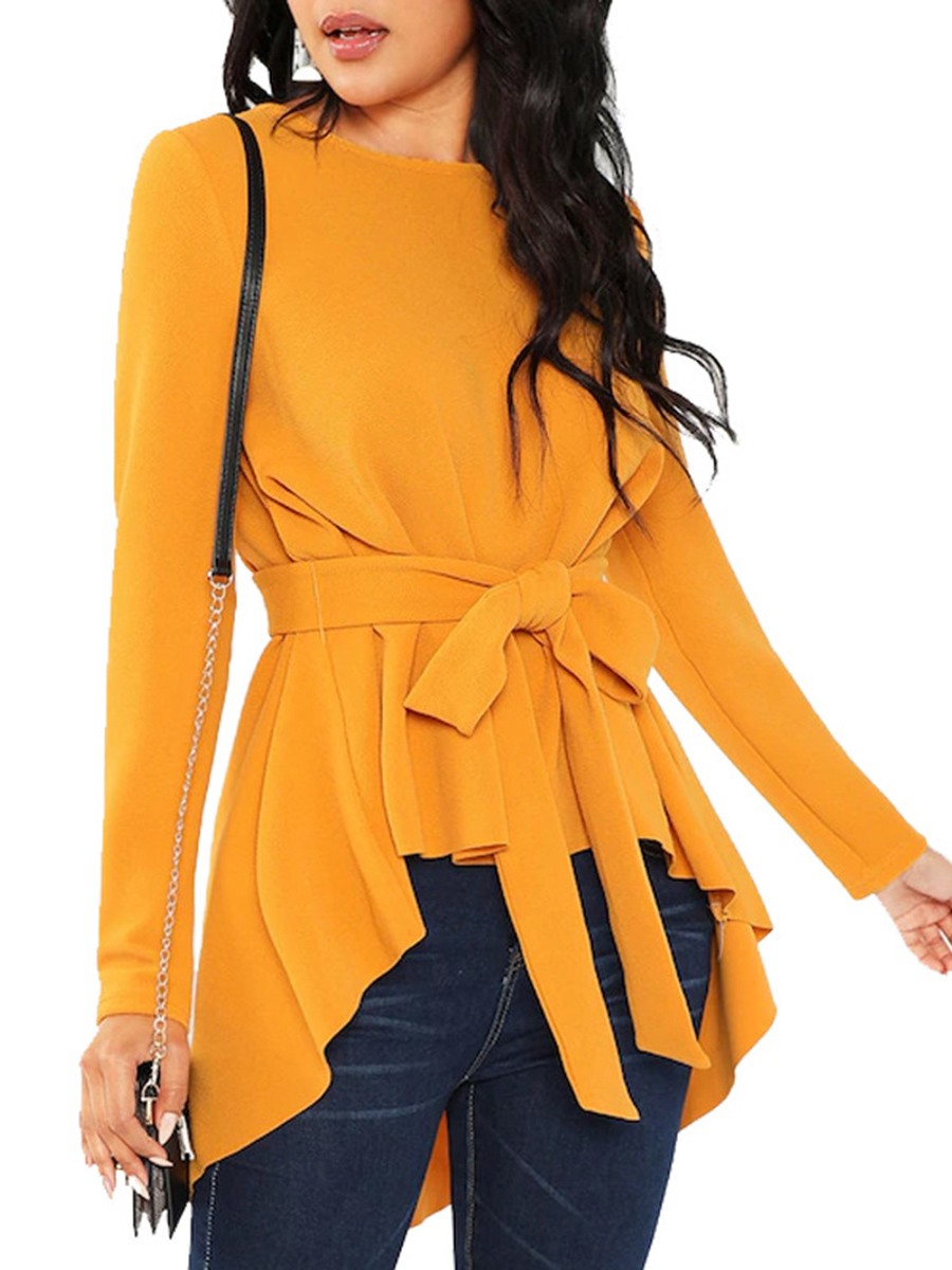 Lavish Yellow Round Neck Waist Tie Shirt Full Sleeve Womens Apparel