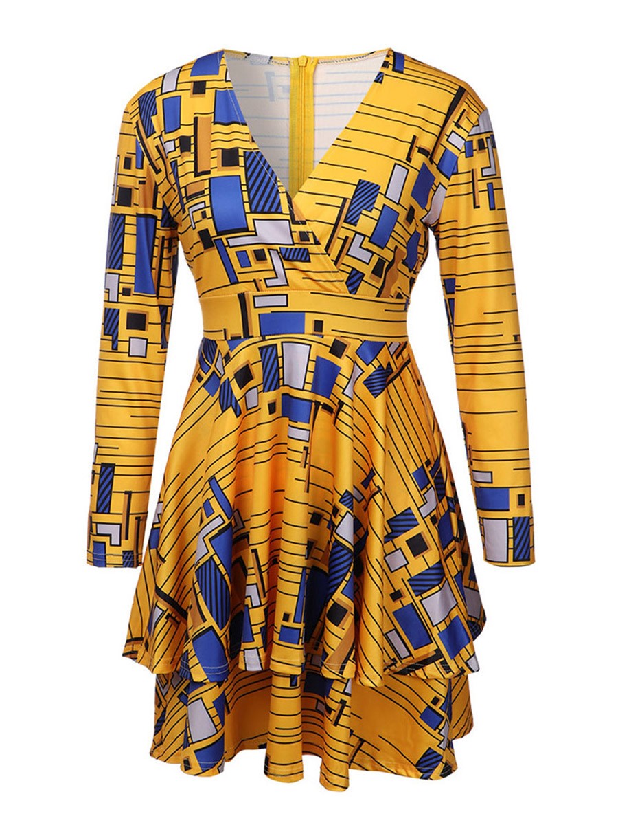 V-Neck African Zip At Back Mini Dress