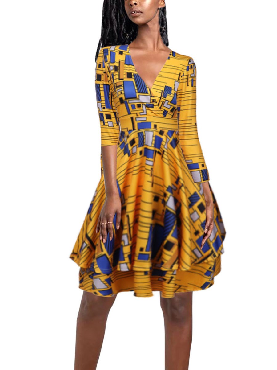 V-Neck African Zip At Back Mini Dress