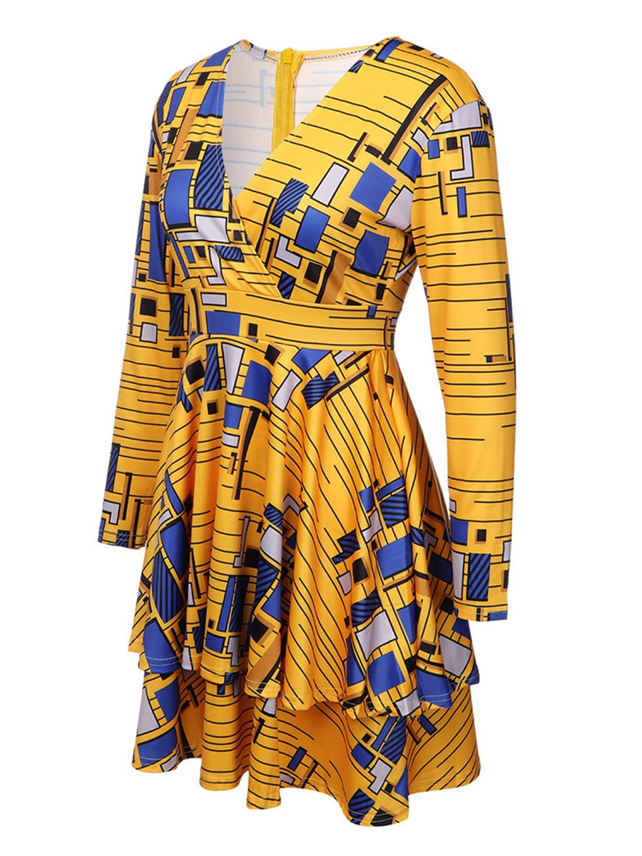V-Neck African Zip At Back Mini Dress