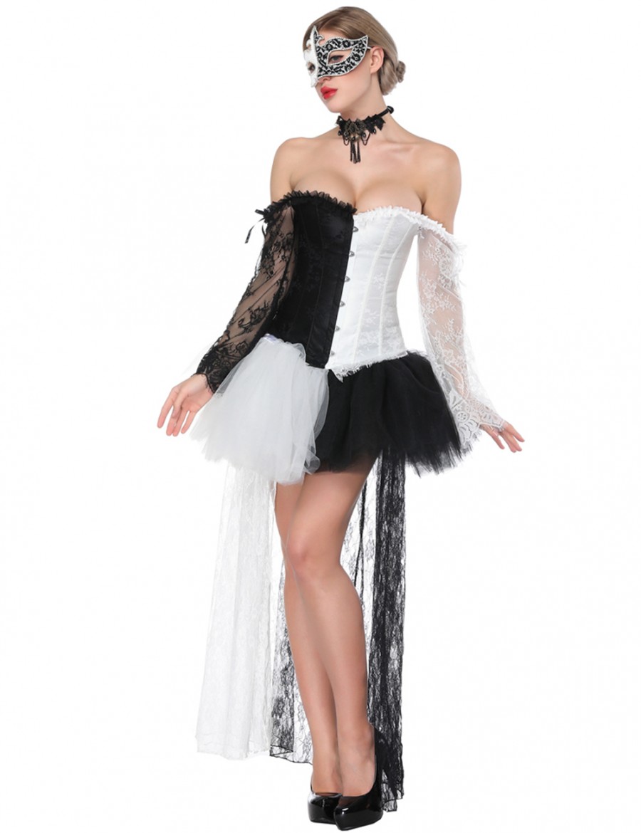Elegant White Lace Up Corset With Skirts Long Sleeves Hot Sale
