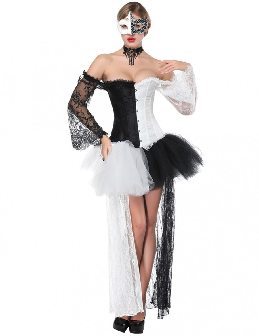 Elegant White Lace Up Corset With Skirts Long Sleeves Hot Sale