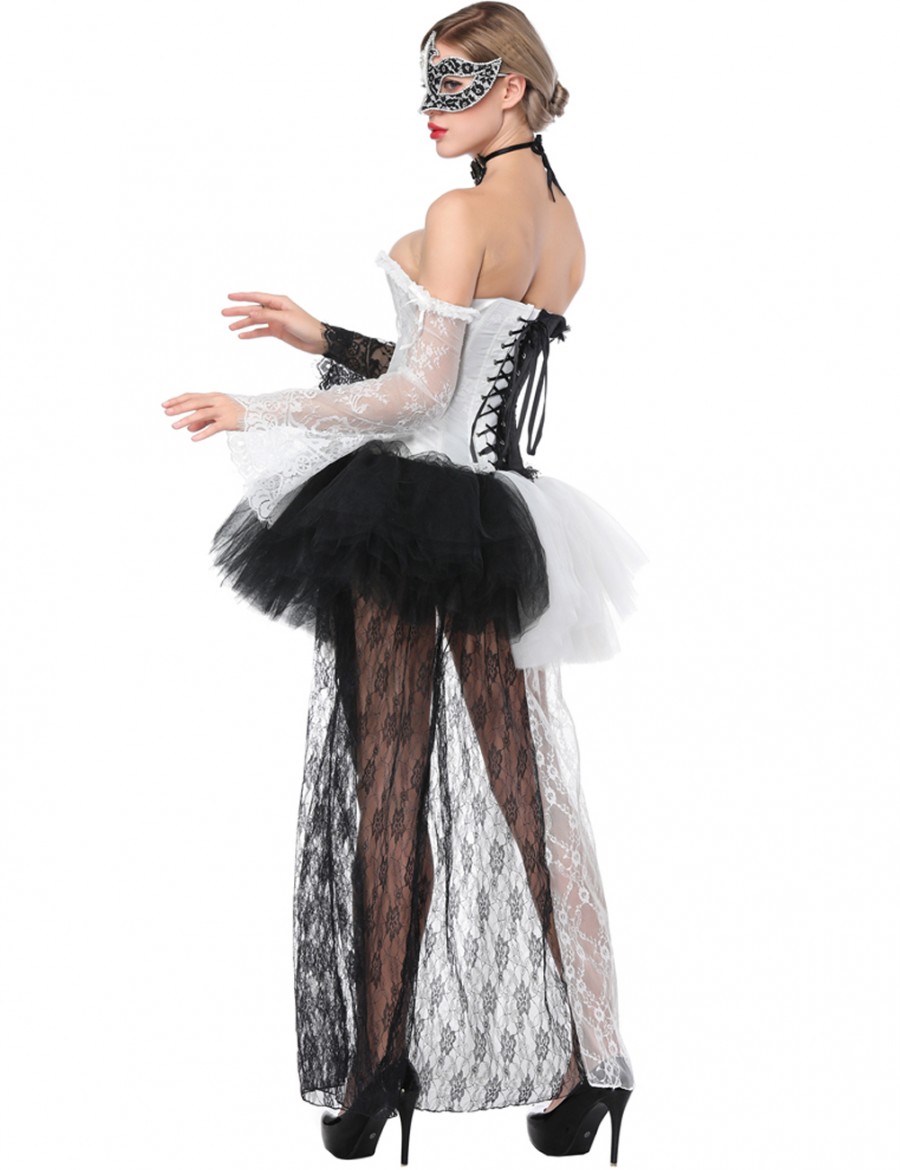 Elegant White Lace Up Corset With Skirts Long Sleeves Hot Sale