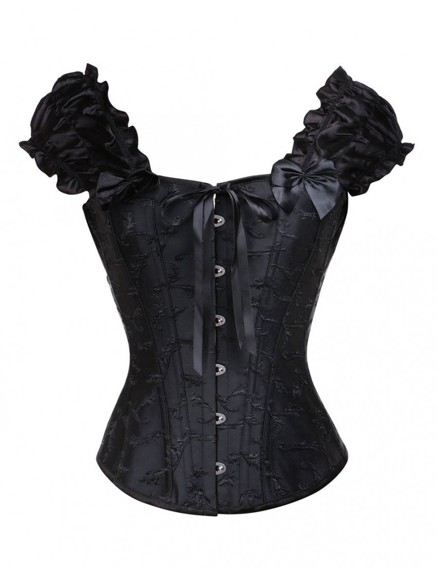 Elegant Black 12 Steel Boned Ruched Bow Corset Overbust Body Sculpting