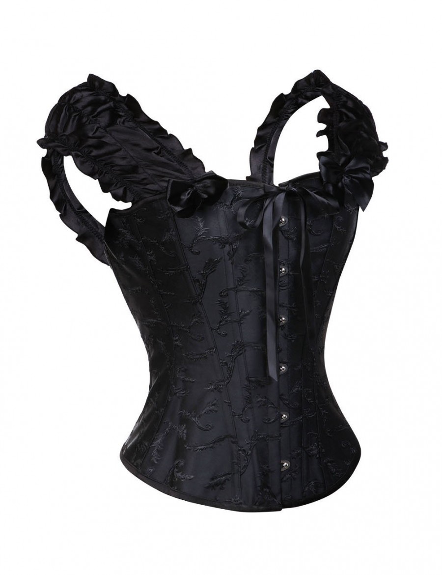 Elegant Black 12 Steel Boned Ruched Bow Corset Overbust Body Sculpting
