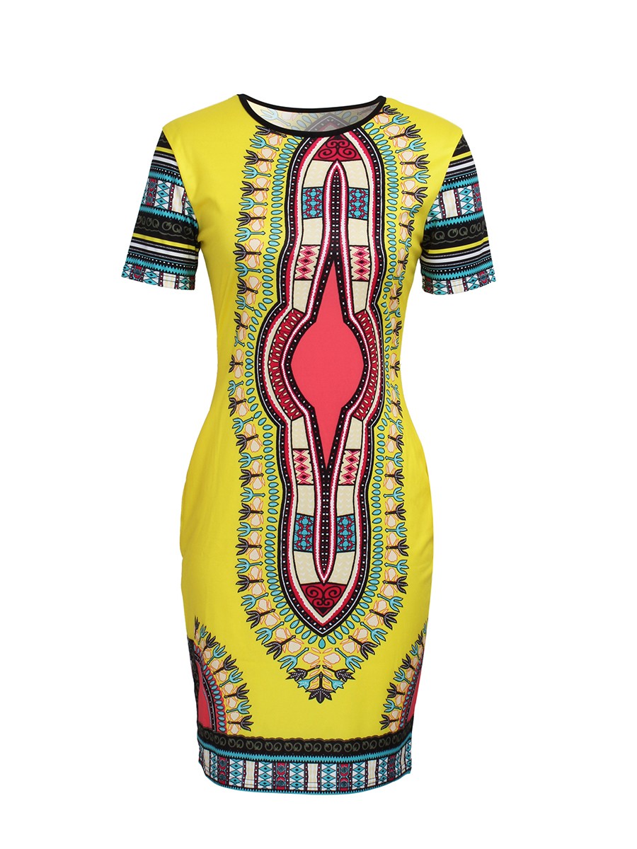 Sweety Yellow African Print Midi Dress Short Sleeve For Women Online