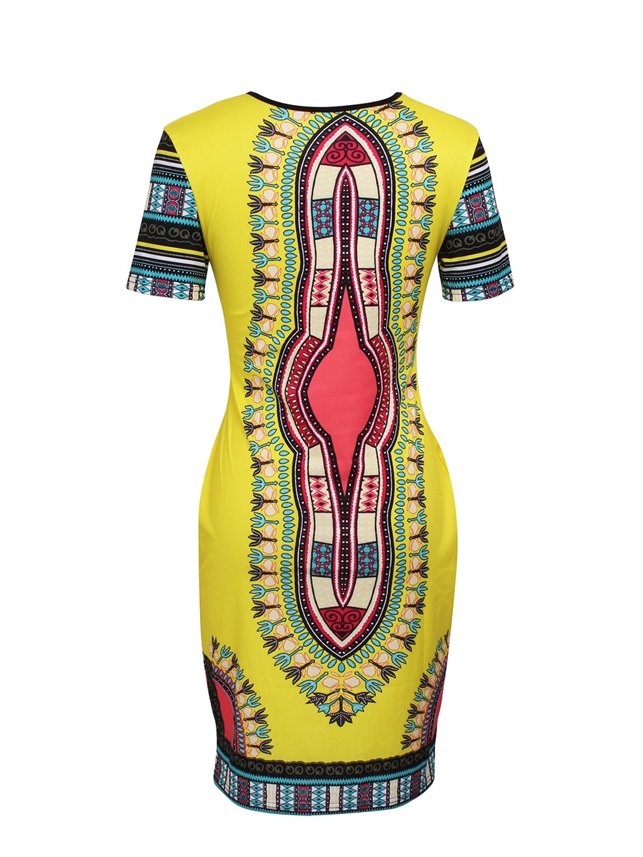 Sweety Yellow African Print Midi Dress Short Sleeve For Women Online