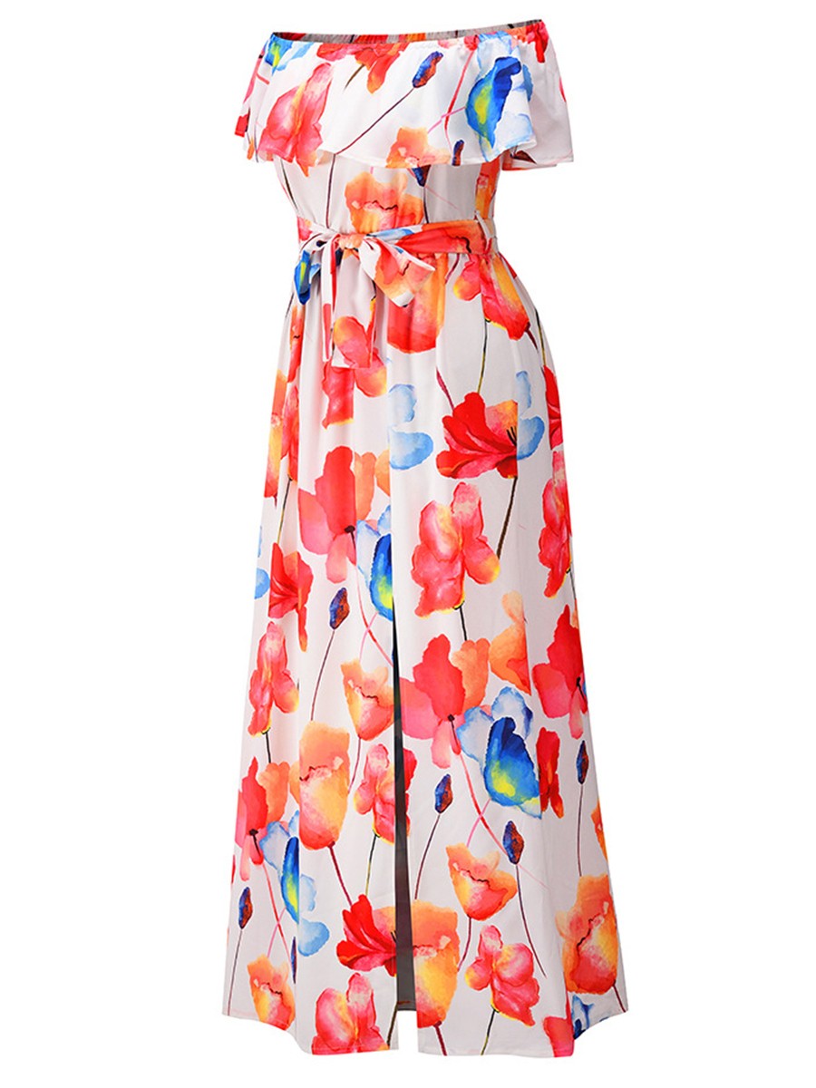 Eye-Appealing White Off Shoulder Maxi Dress Floral Print