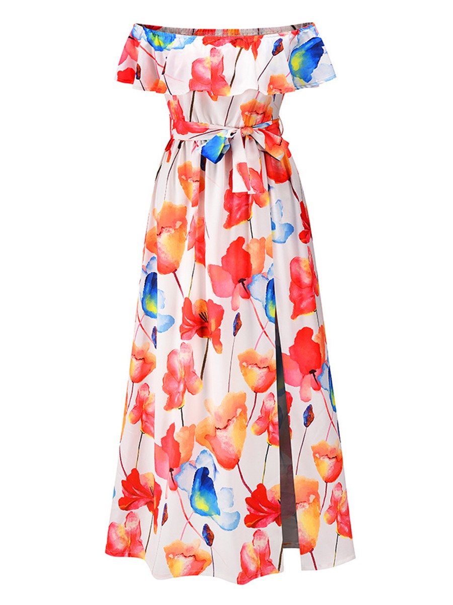 Eye-Appealing White Off Shoulder Maxi Dress Floral Print